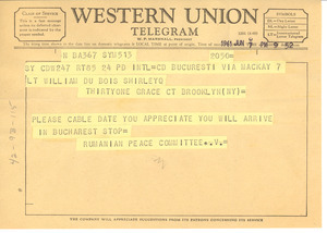 Telegram from Romanian Peace Committee to W. E. B. Du Bois