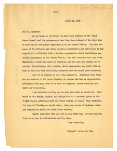 Letter from W. E. B. Du Bois to World Peace Council