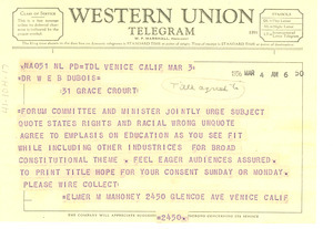 Telegram from Elmer M. Mahoney to W. E. B. Du Bois
