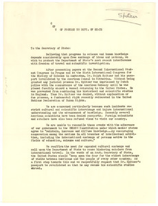 Letter from Linus Pauling to United States Secretary of State