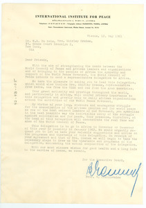 Letter from International Institute for Peace to Shirley and W. E. B. Du Bois