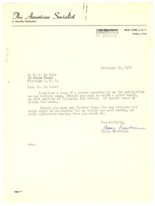 Letter from American Socialist to W. E. B. Du Bois
