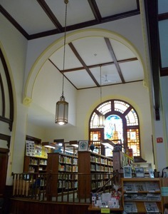 Clapp Memorial Library: interior view with book stacks