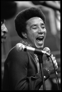 Smokey Robinson, close-up, on stage with the Miracles at their final Boston appearance as a group