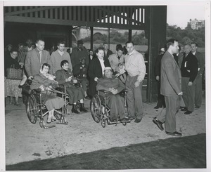 Wheelchair users leaving building