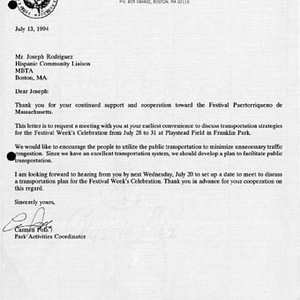 Letter from Carmen Pola, Park Activities Coordinator of the Festival Puertorriqueño de Massachusetts, to Joseph Rodriguez, Hispanic Community Liaison to the MBTA, to set up a meeting to discuss transportation for the Festival