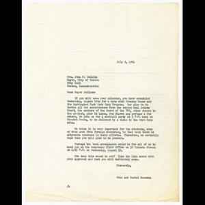 Letter from Otto and Muriel Snowden to Mayor John F. Collins to about cocktail party and visit to Roxbury Work and Study Project houses on August 12, 1964