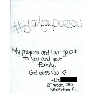 Letter of sympathy and well-wishes from a student at Osceola High School