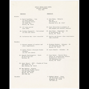 List of Copley Square High School cultural seminars for fall 1983 and outline of responsibilities