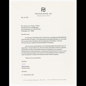 Letter from Marlene Bryant to Jessica Levin about joining the Chapter 1 Advocacy Network with Center for Law and Education Newsnotes, Spring 1992 newsletter attached