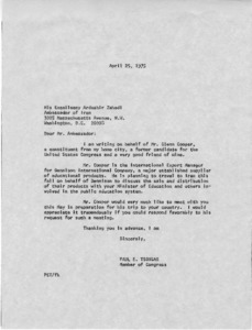 Letter to His Excellency Ardeshir Zahedi from Paul E. Tsongas