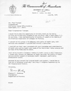 Letter to Mr. Paul Tsongas from Eleanor F. Shalhoup