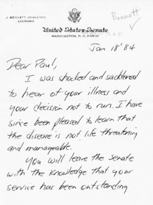 Letter from Bennet Johnston to Sen. Paul Tsongas