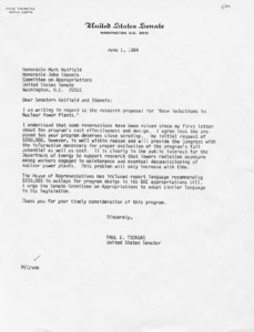 Letter to Mark Hatfield and John Stennis from Paul Tsongas regarding the research proposal for "Dose Reductions in Nuclear Power Plants"