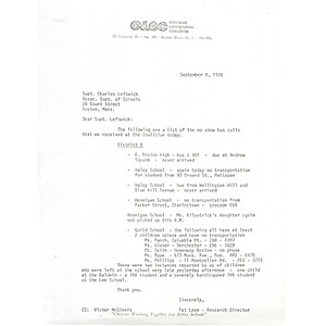Letter, Superintendent Charles Leftwich, September 9, 1976.