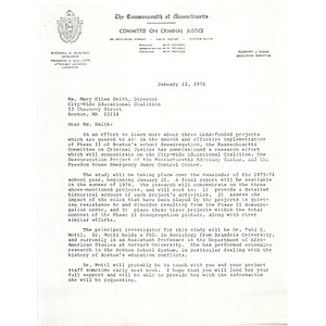 Letter, Committee on Criminal Justice to Mary Ellen Smith, January 22, 1976.
