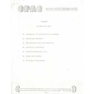 Citywide Parents' Advisory Council agenda and meeting minutes, October 27, 1976.