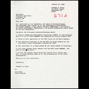 Letter from Stephen A. Klein to Tom Bloch.