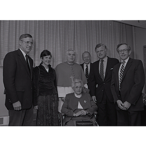 Members of the Cullinane family with Bernard Cardinal Law, President Ryder, Senator Edward Kennedy, and Dean Paul Kalaghan at the dedication of Cullinane Hall