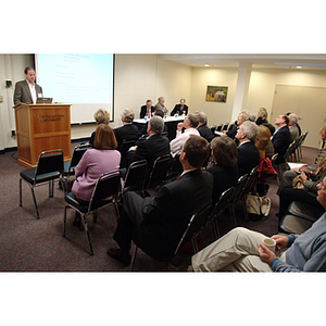 Peter Barrett, PhD '79, speaks at the NU Today Cancer Research Panel