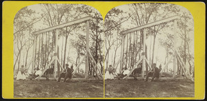 Stereograph of a group of people using the swings, Rocky Point, Warwick, R.I., undated