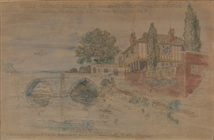 Handcolored print of Bridge, Mermaid Tavern & Bankside Approach to Globe Theatre, Shakespeare Village in the Boston Fens, 1916