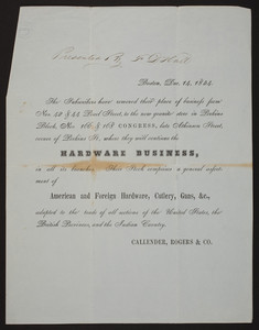 Public notice for Callender, Rogers & Co., hardware business, Nos. 166 & 168 Congress Street, corner of Perkins Street, Boston, Mass., December 14, 1854