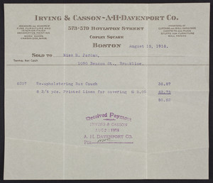 Billhead for Irving & Casson, A.H. Davenport Co., 573-579 Boylston Street, Copley Square, Boston, Mass., dated August 15, 1918