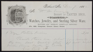 Billhead for Carter Bros., diamonds, watches, jewelry and sterling silver ware, No. 521 Congress, corner Casco Street, Portland, Maine, dated December 7, 1882