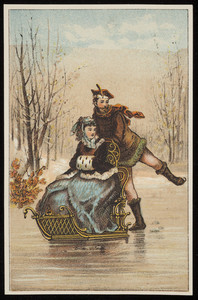 Trade card, male skater pushes a woman in a sleigh, location unknown, undated