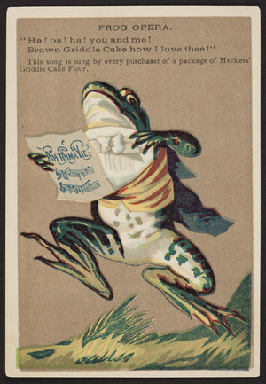 Trade card for Heckers' Self-Raising Griddle Cake Flour, 209 State Street, Boston, Mass., undated