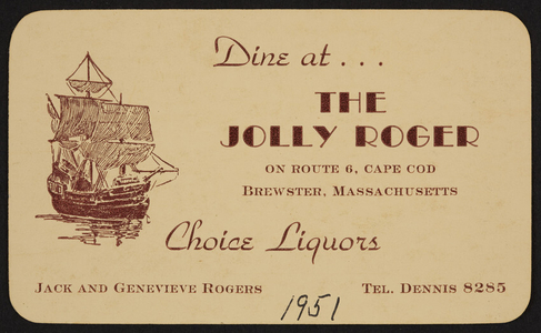 Trade card for The Jolly Roger Restaurant, Route 6, Cape Cod, Brewster, Mass., 1951