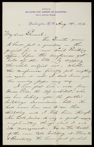 Bernard R. Green to Thomas Lincoln Casey, August 14, 1894