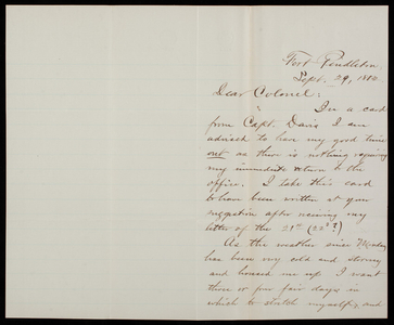 Bernard R. Green to Thomas Lincoln Casey, September 29, 1882