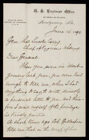 Philip M. Price to Thomas Lincoln Casey, June 14, 1890