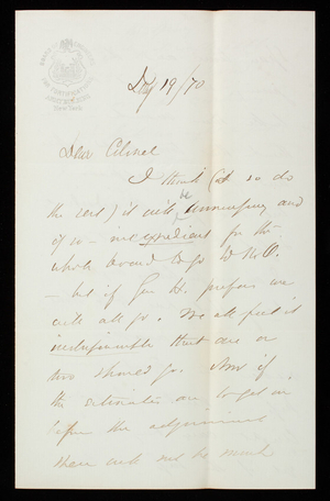 [John G.] Barnard to Thomas Lincoln Casey, January 19, 1870