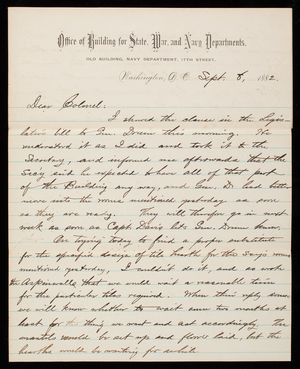 Bernard R. Green to Thomas Lincoln Casey, September 8, 1882