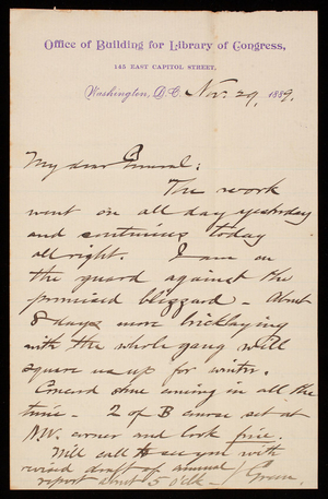 Bernard R. Green to Thomas Lincoln Casey, November 29, 1889