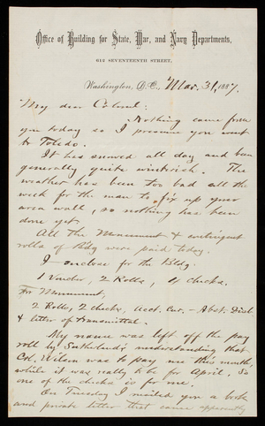 Bernard R. Green to Thomas Lincoln Casey, March 31, 1887