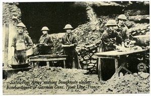 Salvation Army making doughnuts under bombardment of German guns, front line, France