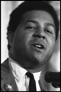 George A. Wiley (founder of the National Welfare Rights Organization): close-up portrait, speaking at the podium
