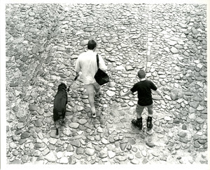 Mother, son, dog; cobblestones