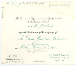 Invitation from Permanent Representative of Czechoslovakia to the United Nations to David Graham McCanns