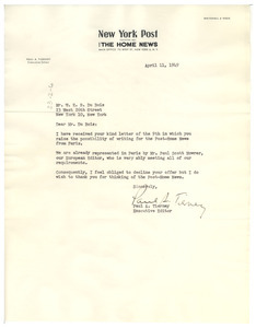 Letter from New York Post to W. E. B. Du Bois