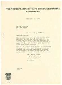 Letter from National Benefit Life Insurance Company to W. E. B. Du Bois