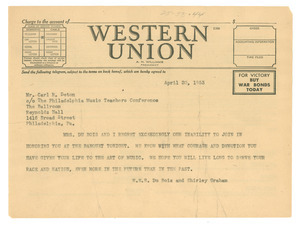 Telegram from W. E. B. Du Bois to Philadelphia Music Teachers Conference