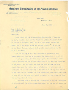 Letter from Standard Encyclopedia of the Alcohol Problem to W. E. B. Du Bois