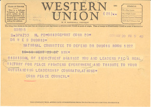 Telegram from Connecticut Peace Council to National Committee to Defend Dr. W. E. B. Du Bois & Associates