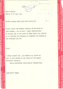 Telegram from Radio Berlin International to Shirley Graham Du Bois