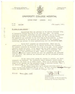 Letter from University College Hospital to unidentified correspondent